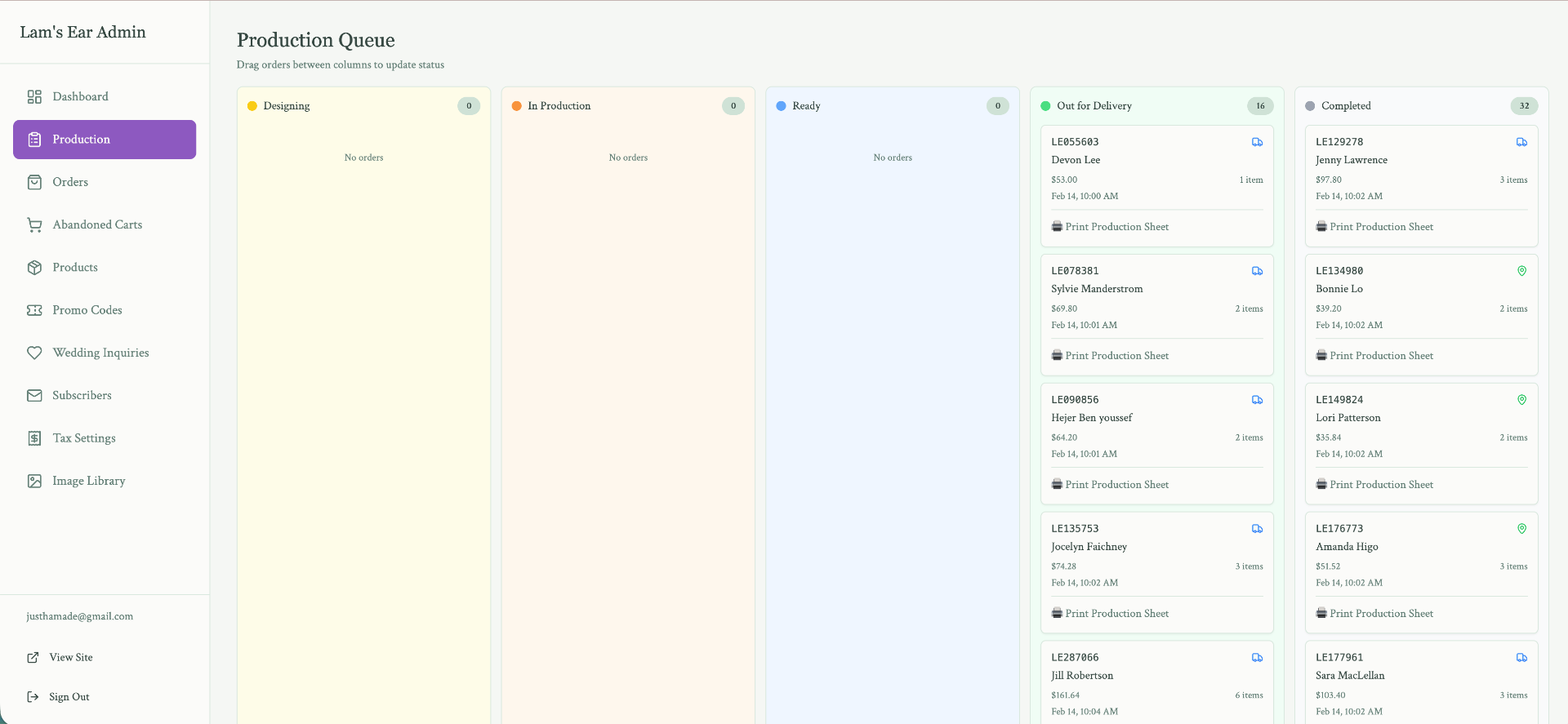 Lam's Ear Floral custom admin production queue with kanban columns for order fulfillment